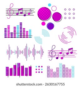 Musical sound items set. Music pulse and equalizer audio elements.