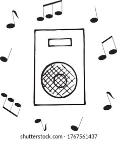 musical speaker and music notes around hand drawn in doodle style. vector, scandinavian, monochrome. composition template for design card, sticker, poster, music, melody