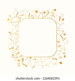 Musical square gold frame with clef. Golden notes background. Music foil border. Vector isolated element.