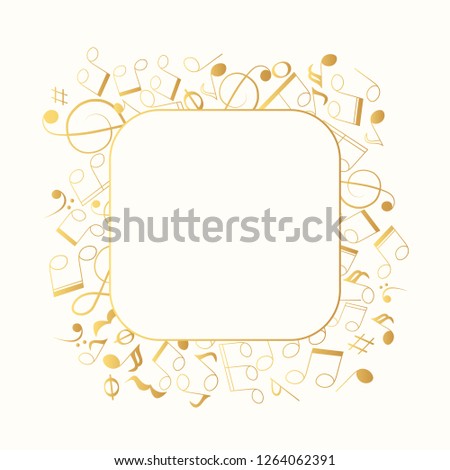 Musical square gold frame with clef. Golden notes background. Music foil border. Vector isolated element.