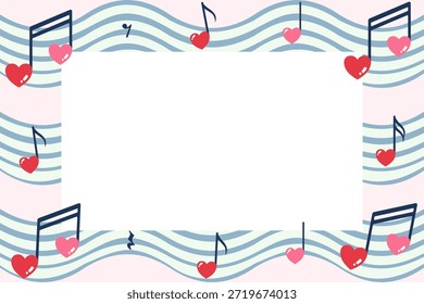 Marco de personal musical con espacio de copia. Fondo de San Valentín con notas musicales y líneas ondulatorias como el ritmo del corazón. Borde plano del diseño del Vector para la tarjeta de felicitación del amante de la música o el tema de la melodía.