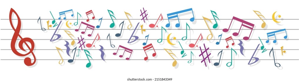 Personal musical con notas de color. El caos de la música, fuera de sintonía. Bandera y patrón de vectores