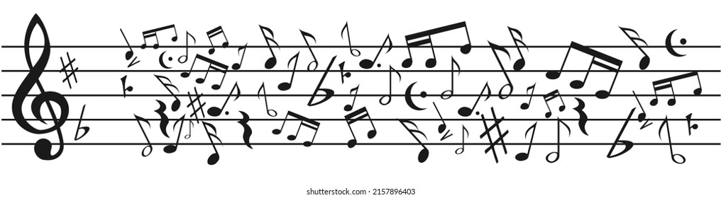 Musical staff with massed notes. The chaos of music, out of tune. Vector banner and pattern