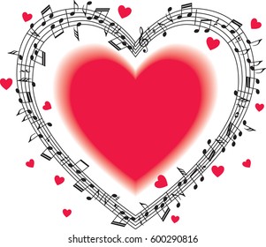 musical staff with notes, heart-shaped.