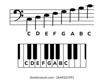Musical staff and a piano keyboard with notes. Musical infographic with C major in bass clef for music piano lessons, educational apps. Correlation between the staff and piano keys.