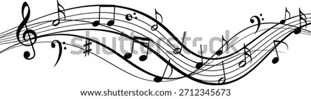 Musical staff vector illustration, flowing notes and clefs in artistic wave pattern for music design, education, decoration, performance artwork, and creative content use