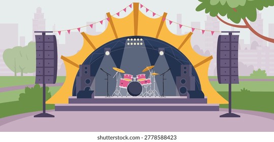 Musical stage with drum kit, spotlights and sound system with no people in the city park flat vector illustration.