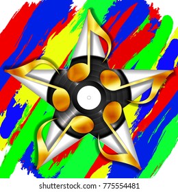 A musical star made of gold musical notation on a colored background brush strokes, isolated objects on a white background, can be used with your background image.