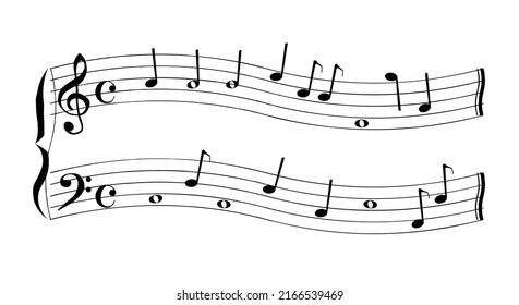 A musical stave with random black notes set over a white background