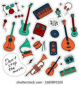 Musical sticker pack. Hand-drawn musical icons. Print icons and digital. Vector illustration