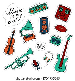 Musical sticker pack. Hand-drawn musical icons. Print icons and digital. Vector