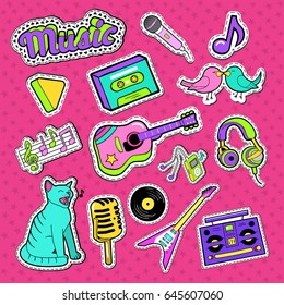 Musical Stickers, Badges and Patches. Music Instruments and Teenager Style Elements Doodle. Vector illustrations