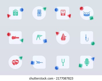 musical store glass morphism trendy style icons. musical store transparent glass color vector icon with color figures. for web and ui design, mobile apps and promo business advertising