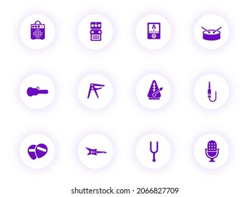 musical store purple color vector icons on light round buttons with purple shadow. musical store icon set for web, mobile apps, ui design and print