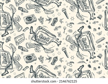 Musical Street Culture. Funny Background. Old School Music. Seamless Pattern. Hip Hop Art. Audio Cassette Dances Break Dance