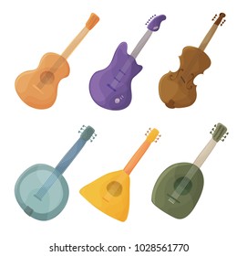 Musical stringed instruments in cartoon style guitar, violin, balalaika, lute