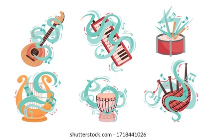 Musical Stringed and Wind Instruments with Decorative Swirling Lines Vector Set