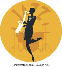 Musical style. Jazz. Silhouette of flapper girl playing saxophone and drums in the background