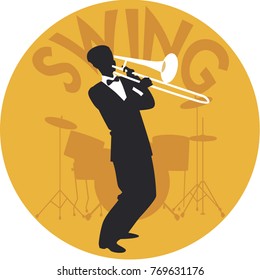 Musical style. Swing. Silhouette of trombonist and drums in the background