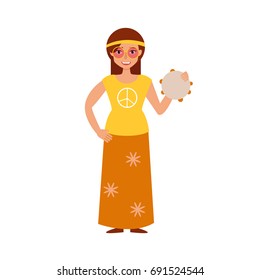 Musical style. Vector. Cartoon. Isolated art on white background. Flat. Hippie with tambourine. 
