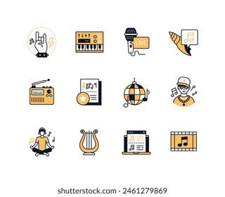 Musical styles and sound - line design style icons set with editable stroke. Rock, synthesizer, live performance and recording, radio, disco, rap, meditation tunes, harp and film voice-over idea