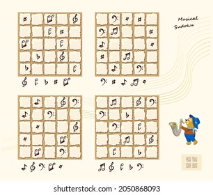Musical Sudoku for kids. Page for brain teaser book. Set of logic puzzle games for children. Draw music symbols in empty spaces so that each line has one of a kind. Play online. Vector illustration.