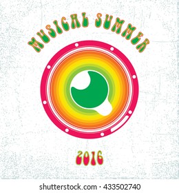 Musical Summer 2016 - Rainbow Colored Speaker with the Text - Green to Magenta Spectrum Elements on White and Light Grey Grunge Background - Pictogram Flat Design