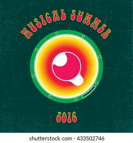 Musical Summer 2016 - Rainbow Colored Speaker with the Text - Green to Magenta Spectrum Elements on Dark Turquoise Grunge Background - Pictogram Flat Design