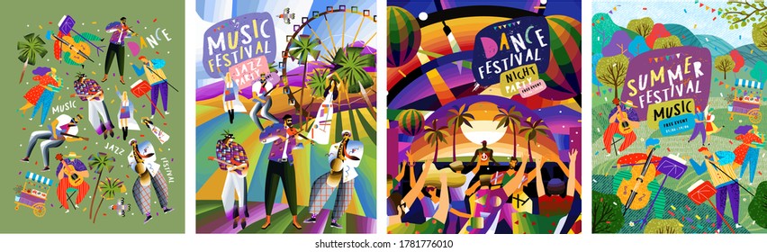 Musical summer dance festival. Vector illustration of musicians, dancers, disco, dancing people and dj in the street for poster, flyer or background.
 
