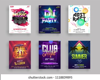 Musical or summer party flyer or poster design set in six different styles.