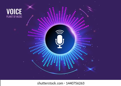 The musical symbol of the circular equalizer. Voice recognition abstract background. icon microphone in the center of the musical planet. vector Illustration.