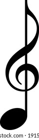 musical symbol created from clef and note, isolated illustration, music design element, black and white vector