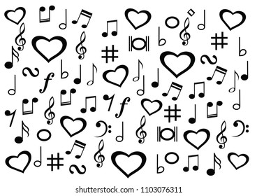 Musical symbol icon for staff and music note transparent background wave banner. Disco love heart sound notes. Fun vector sign pattern. 