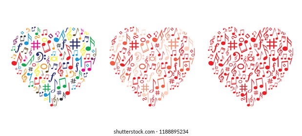 Musical symbol icon for staff and music note transparent background wave banner. Disco love heart sound notes. Fun vector sign pattern. 