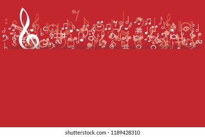 Musical symbol icon for staff and music note transparent background wave banner. Disco love heart sound notes. Fun vector sign pattern. 