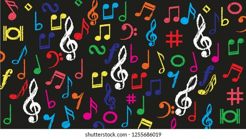 Musical symbol icon for staff and music note background wave banner. Disco love heart sound notes. Fun vector sign pattern. 