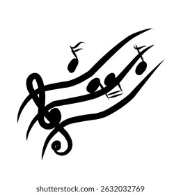 musical symbols: clef and music notes. Handdrawn black water color grungy painting on white background, cut out clip art elements for creative design decoration.