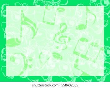musical symbols, music notes, treble clef, green music notes on a pink background