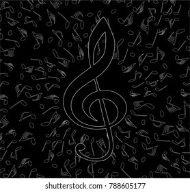 musical symbols with musical notes and treble clef, on a black background vector