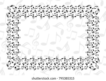 musical symbols with musical notes and treble clef, black and white frame, vector