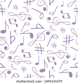 Musical symbols in seamless pattern. Musical background for banner, poster, clothing, tie, shirt, dress, web.