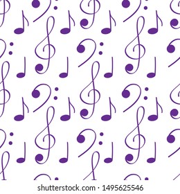Musical symbols in seamless pattern. Musical background for banner, poster, clothing, tie, shirt, dress web