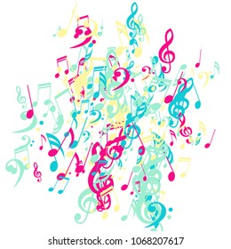 Musical Symbols. Trendy Background with Notes, Bass and Treble Clefs. Vector Element for Musical Poster, Banner, Advertising, Card. Minimalistic Simple Background.