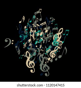 Musical Symbols. Trendy Background with Notes, Bass and Treble Clefs. Vector Element for Musical Poster, Banner, Advertising, Card. Minimalistic Simple Background.