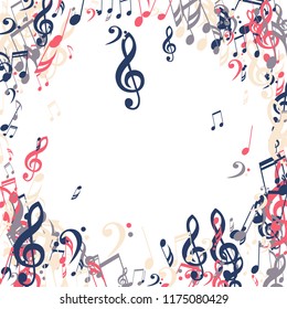 Musical Symbols. Trendy Background with Notes, Bass and Treble Clefs. Vector Element for Musical Poster, Banner, Advertising, Card. Minimalistic Simple Background.