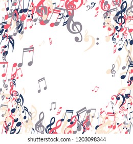 Musical Symbols. Trendy Background with Notes, Bass and Treble Clefs. Vector Element for Musical Poster, Banner, Advertising, Card. Minimalistic Simple Background.