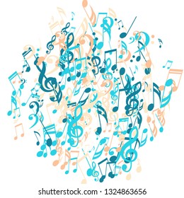 Musical Symbols. Trendy Background with Notes, Bass and Treble Clefs. Vector Element for Musical Poster, Banner, Advertising, Card. Minimalistic Simple Background.