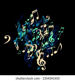 Musical Symbols. Trendy Background with Notes, Bass and Treble Clefs. Vector Element for Musical Poster, Banner, Advertising, Card. Minimalistic Simple Background.