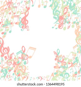 Musical Symbols. Trendy Background with Notes, Bass and Treble Clefs. Vector Element for Musical Poster, Banner, Advertising, Card. Minimalistic Simple Background.