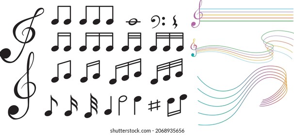 Musical symbols with wave lines on white background illustration